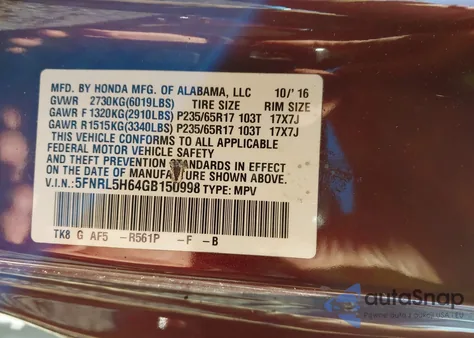 2016 Honda Odyssey Ex-L z USA, uszkodzony, nr VIN 5FNRL5H64GB150998